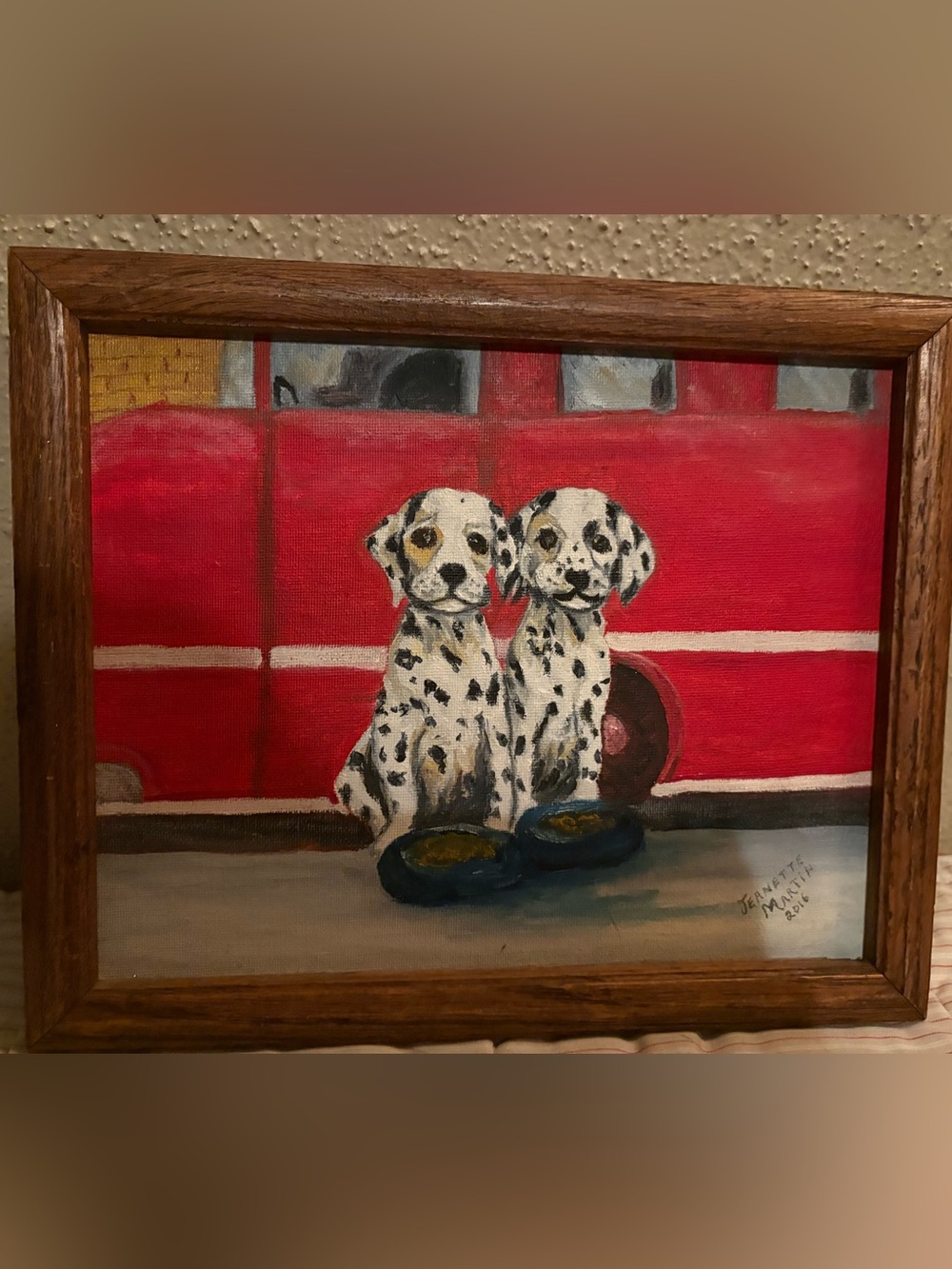 Dalmatian Puppy Oil Art Painting in Red - Framed Wall Art